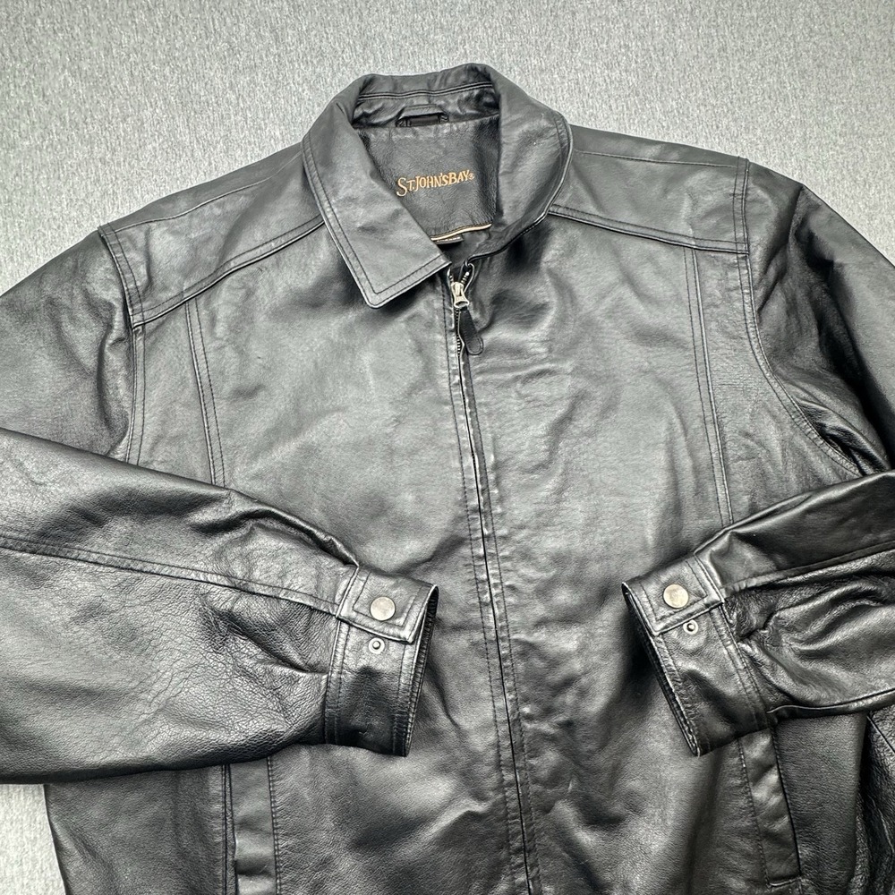 St. Johns Bay Jacket Coat Mens Sz XL Black Leather Bomber Quilted Moto